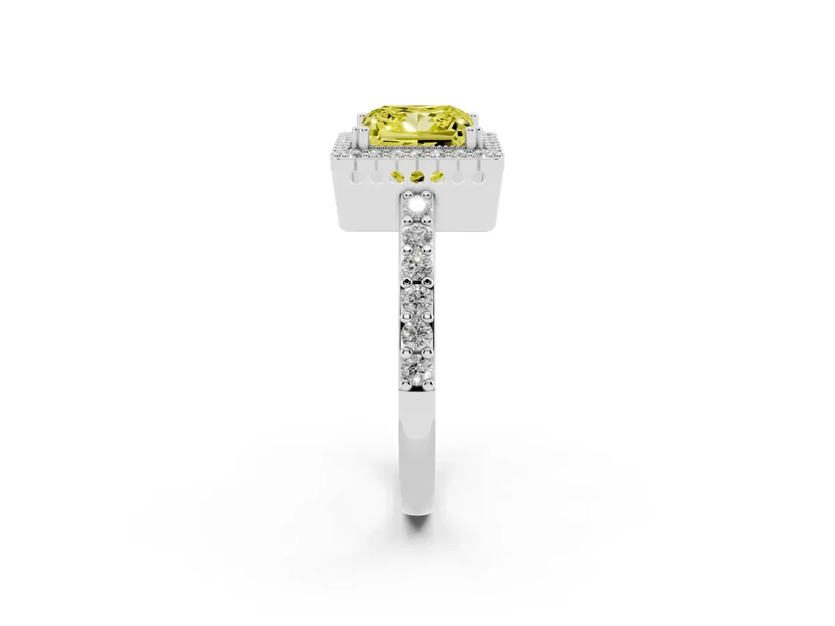 Fancy Yellow Princess Cut Cut Diamond Halo Engagement Ring with Milgrain Detail and Pavé Band Silver