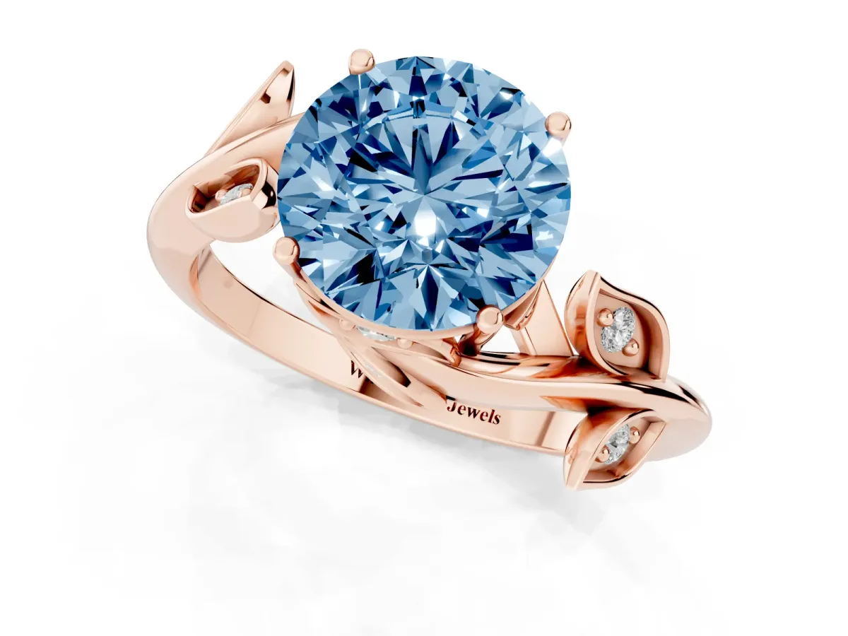 Fancy Blue Round Cut Solitaire Twist Engagement Ring with Leaf Accents and Prong Setting Rose gold