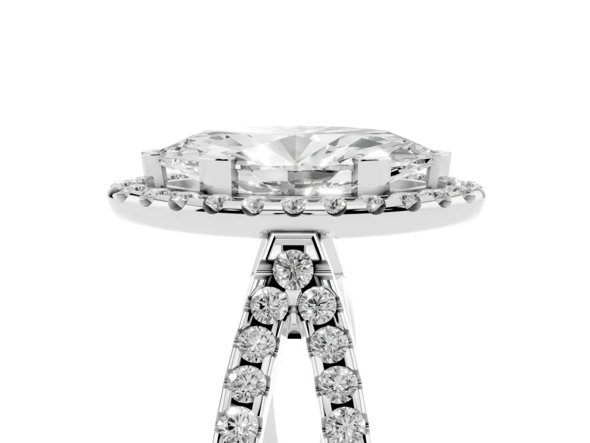 Marquise Cut Diamond Halo Ring with Split Shank Pavé Band and Prong Setting Silver