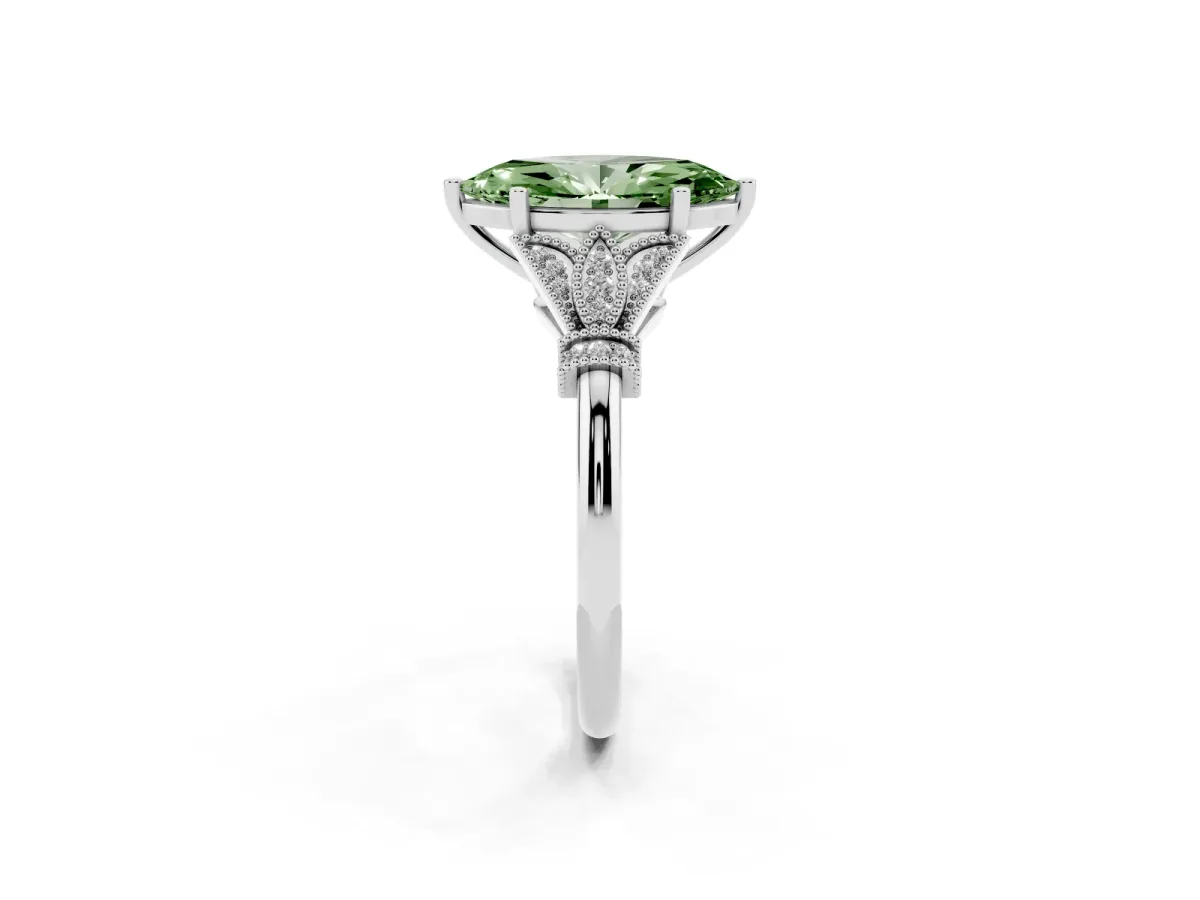 Fancy Green Marquise Cut Diamond Solitaire Ring with Floral Filigree and Pave Accents Platinum