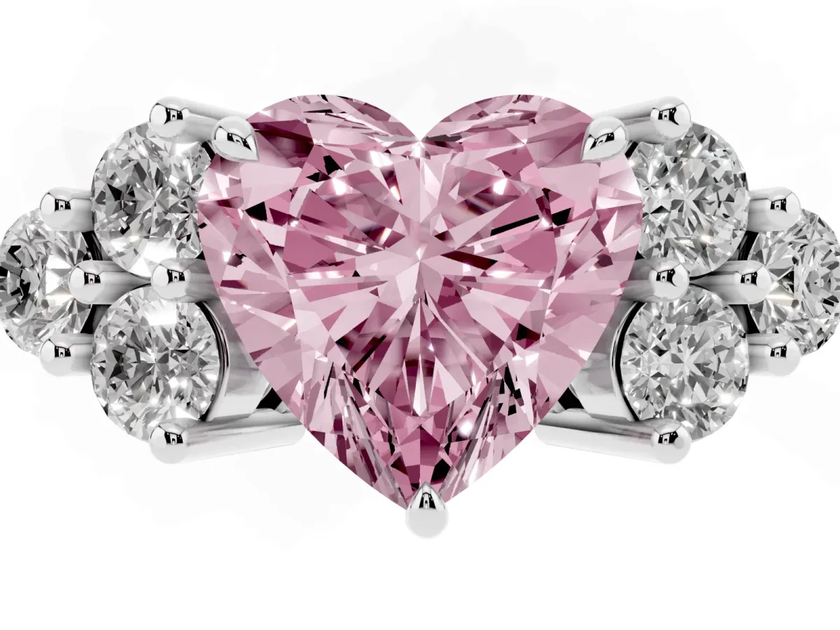 Fancy Pink Heart Cut Brilliant Diamond Cluster Accent Solitaire Ring with Prong Setting Silver