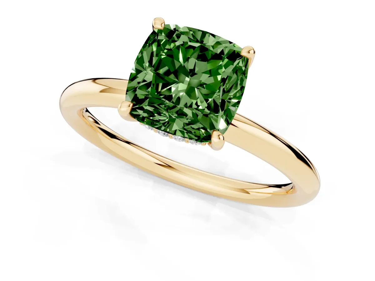Fancy Green Cushion Cut Diamond Solitaire Ring with Thin Band and Four-Prong Setting Yellow gold