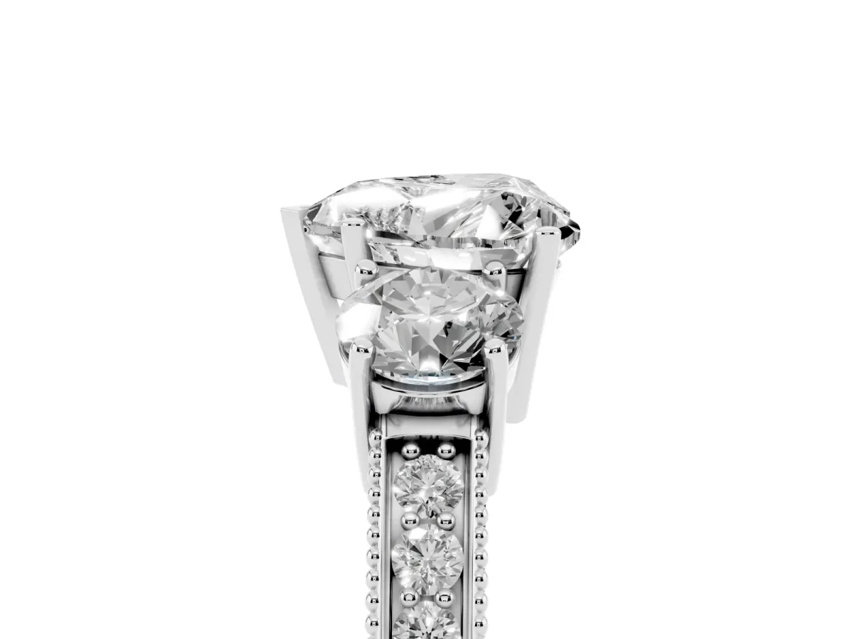 Heart Cut Three-Stone Diamond Ring with Pavé Band and Four-Prong Setting Silver