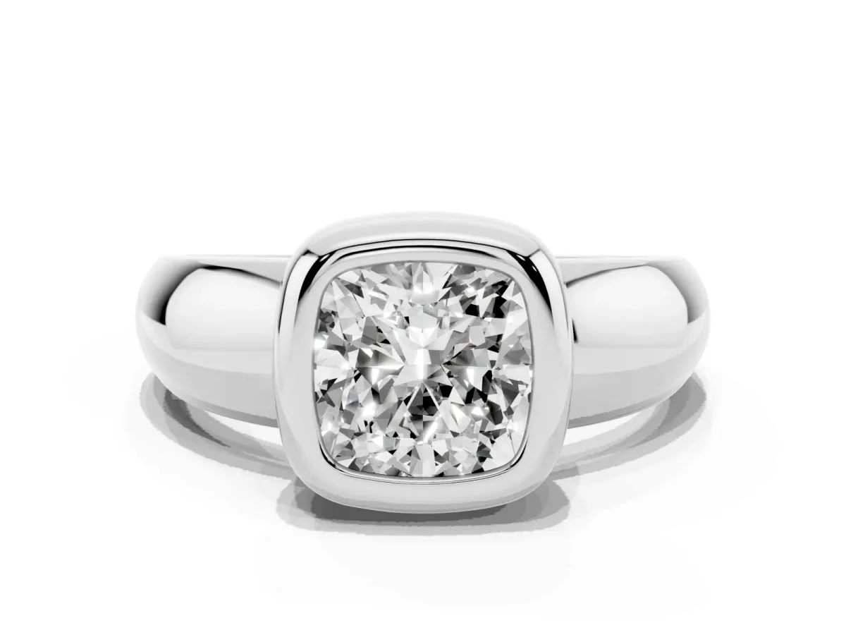 Bezel Set Cushion Cut Solitaire Ring with Wide Band White gold