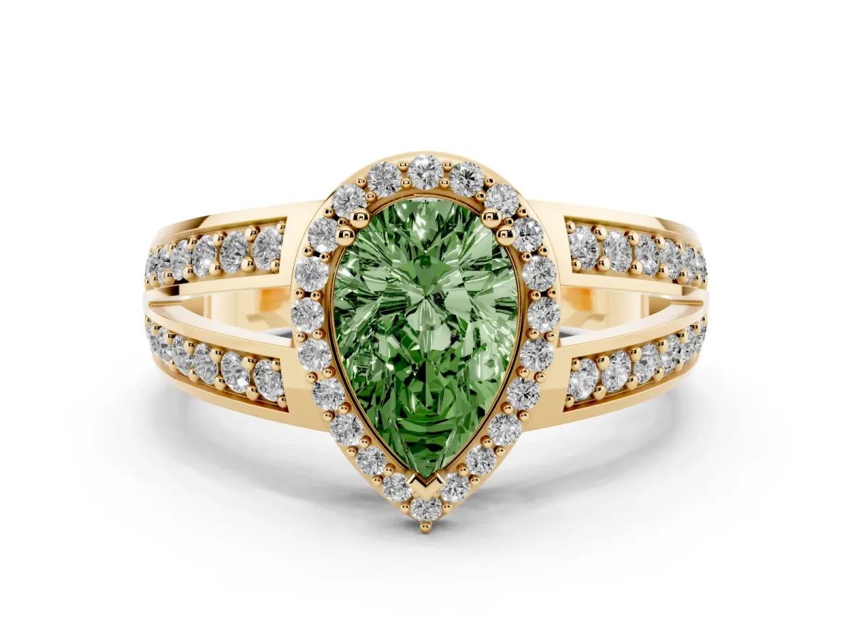 Fancy Green Pear Cut Diamond Halo Ring with Split Shank Pavé Band and Four-Prong Setting Yellow gold