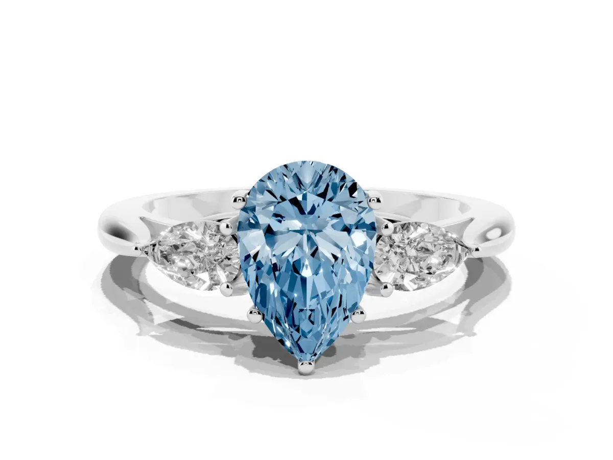 Fancy Blue Three-Stone Pear Cut Brilliant Diamond Solitaire Ring with Tapered Band and Four-Prong Setting White gold