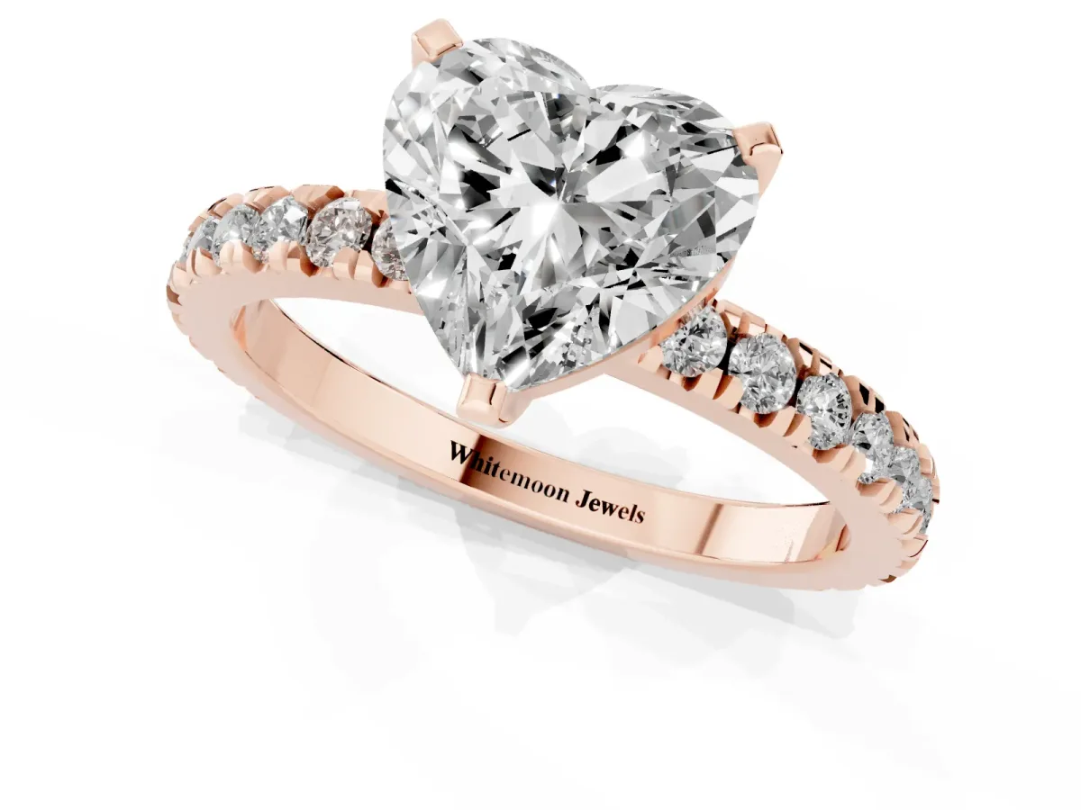 Heart Cut Diamond Pavé Band Solitaire with Four-Prong Setting Rose gold