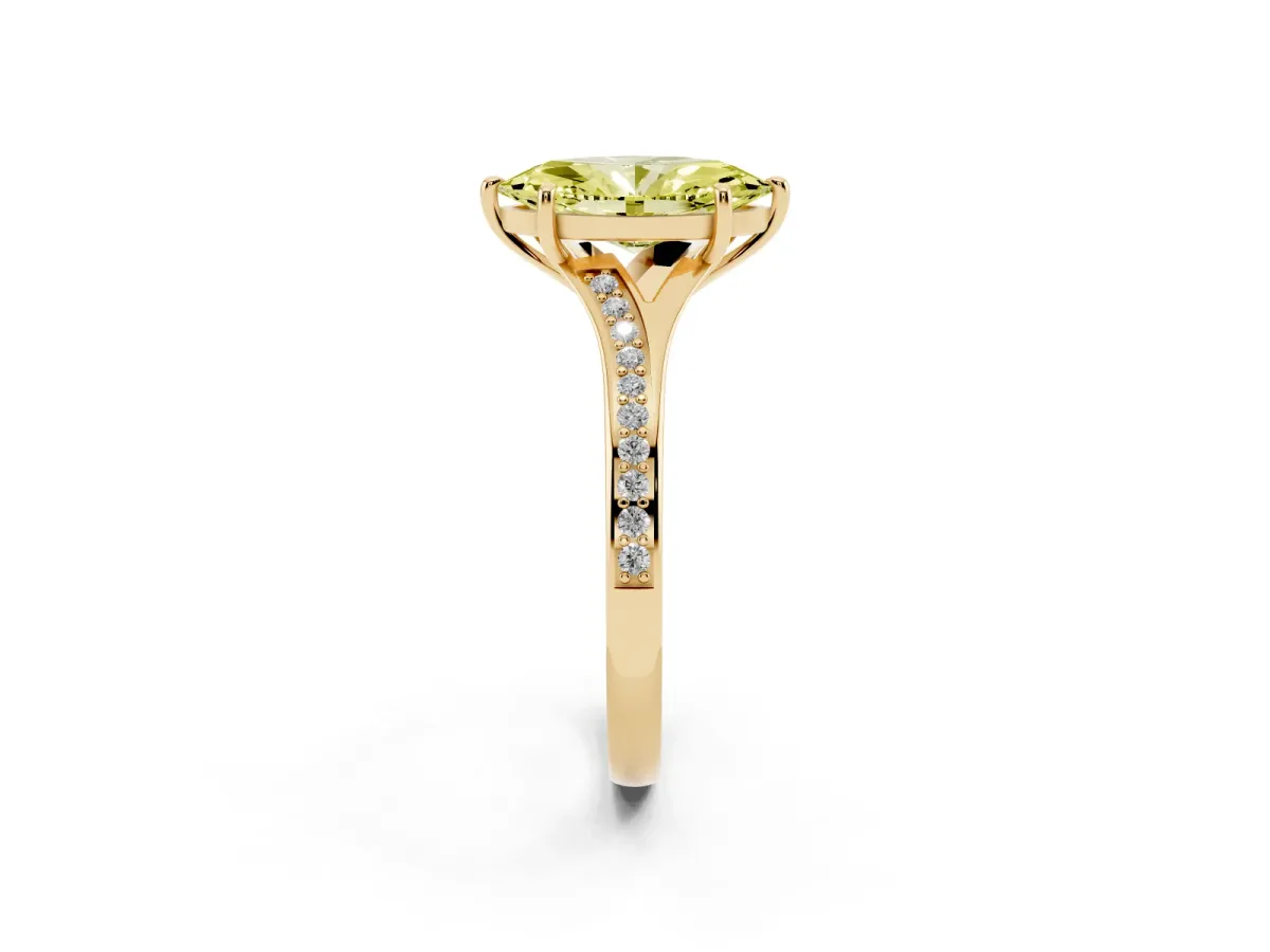 Fancy Yellow Marquise Cut Diamond Solitaire Ring with Pavé Band and Prong Setting Yellow gold