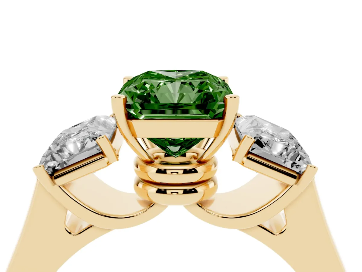Fancy Green Three-Stone Radiant Cut Brilliant Diamond Trellis Ring with Comfort Fit Band Yellow gold