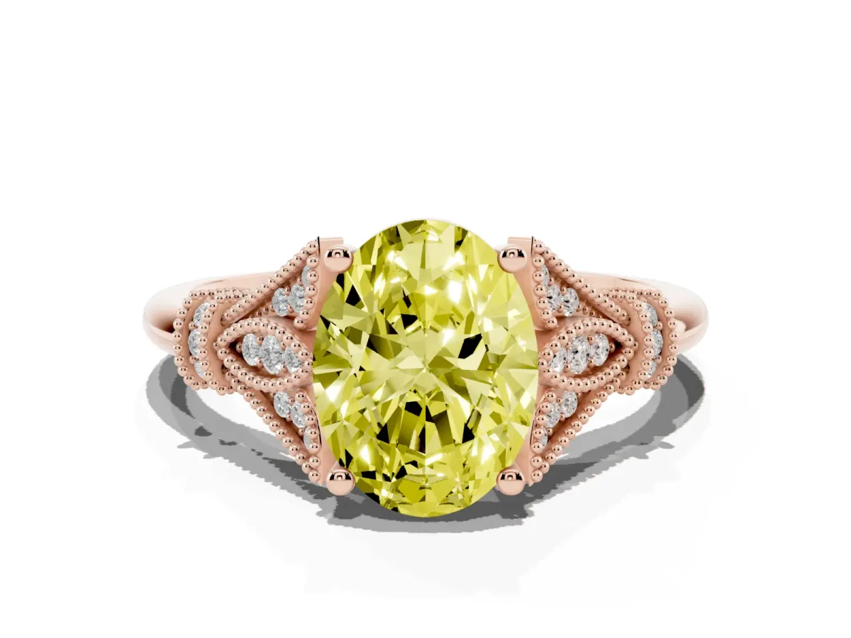 Fancy Yellow Oval Cut Diamond Solitaire Ring with Floral Filigree and Pave Accents Rose gold