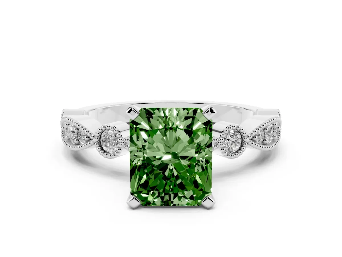 Fancy Green Radiant Cut Milgrain Bezel Diamond Engagement Ring with Solitaire Prong Setting Silver