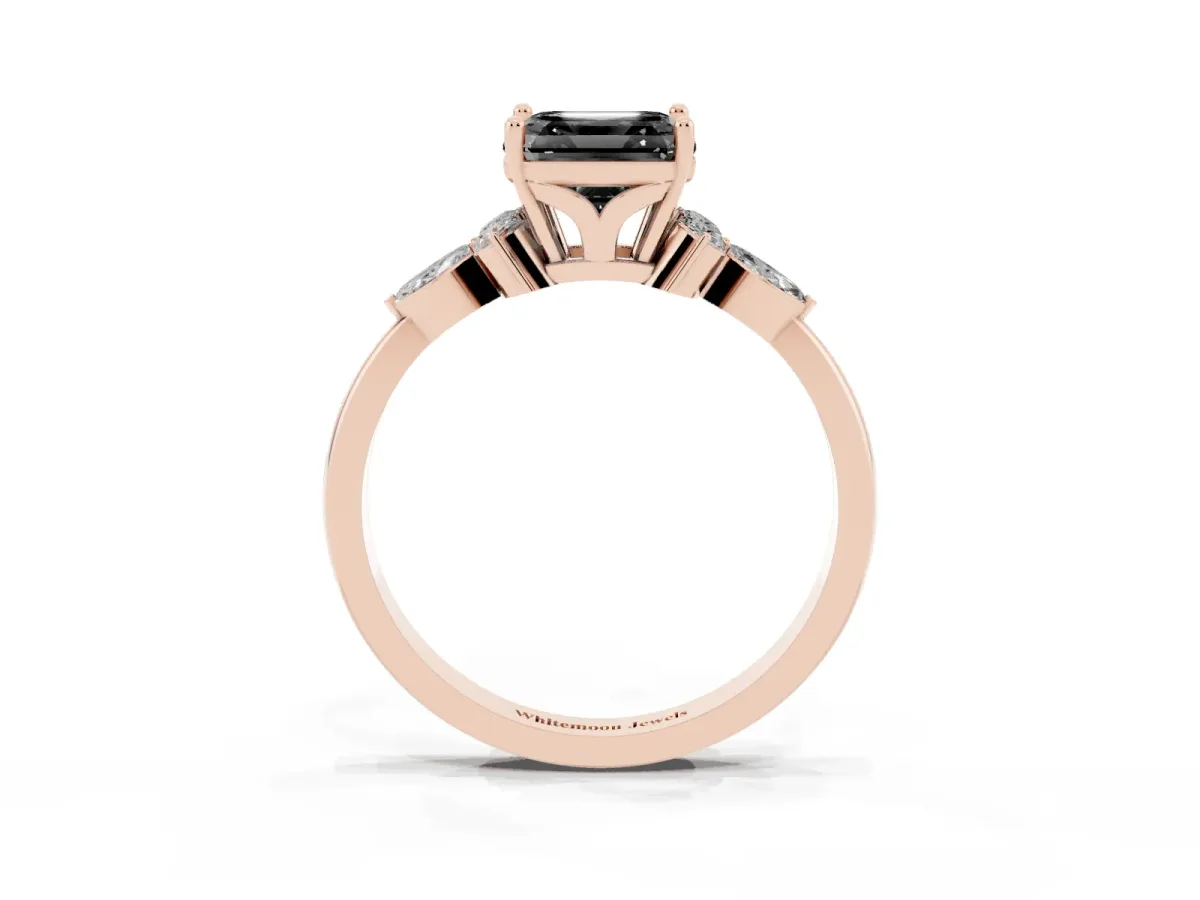 Fancy Black Asscher Cut Brilliant Diamond Solitaire Ring with Pear Side Stones and Four-Prong Setting Rose gold