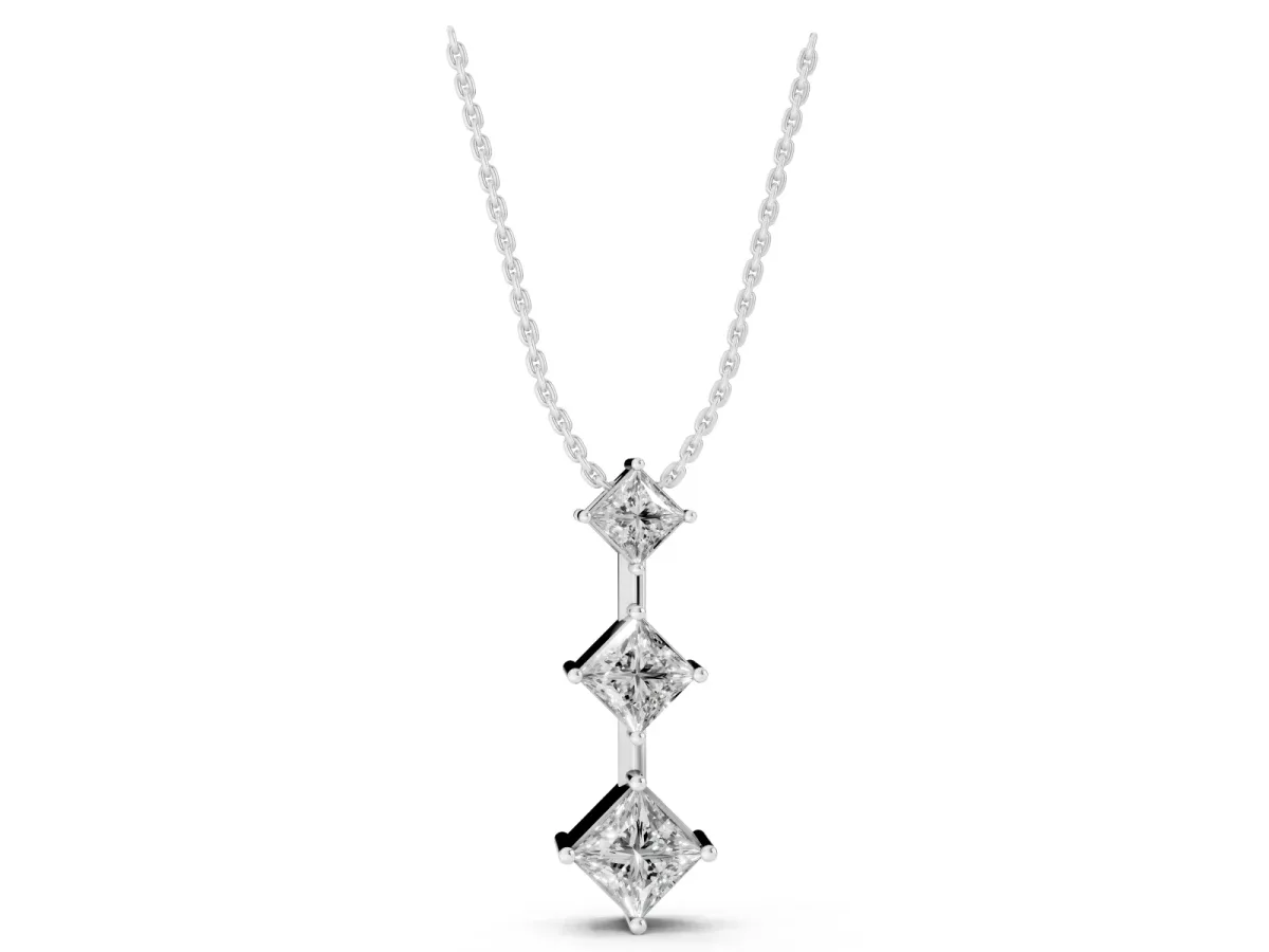 Three-Stone Princess Cut Diamond Pendant with Four-Prong Setting Silver