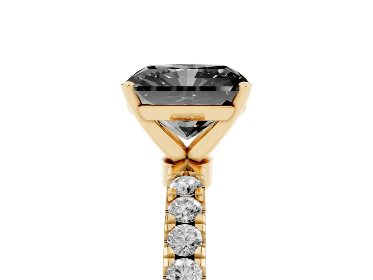 Fancy Black Radiant Cut Diamond Solitaire Ring with Pavé Accents and Four-Prong Setting Yellow gold