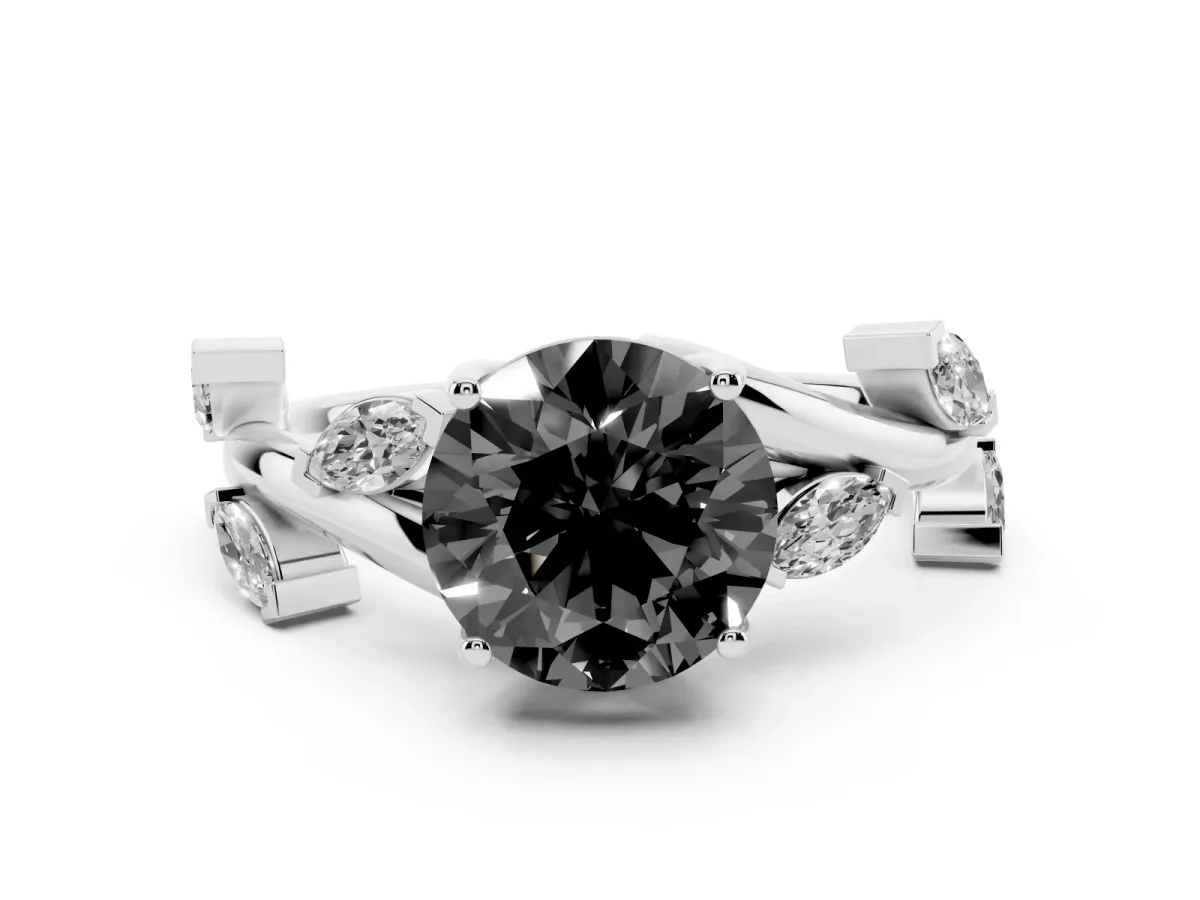 Fancy Black Round Cut Solitaire Twisted Band Marquise Accent Prong Setting Ring Silver