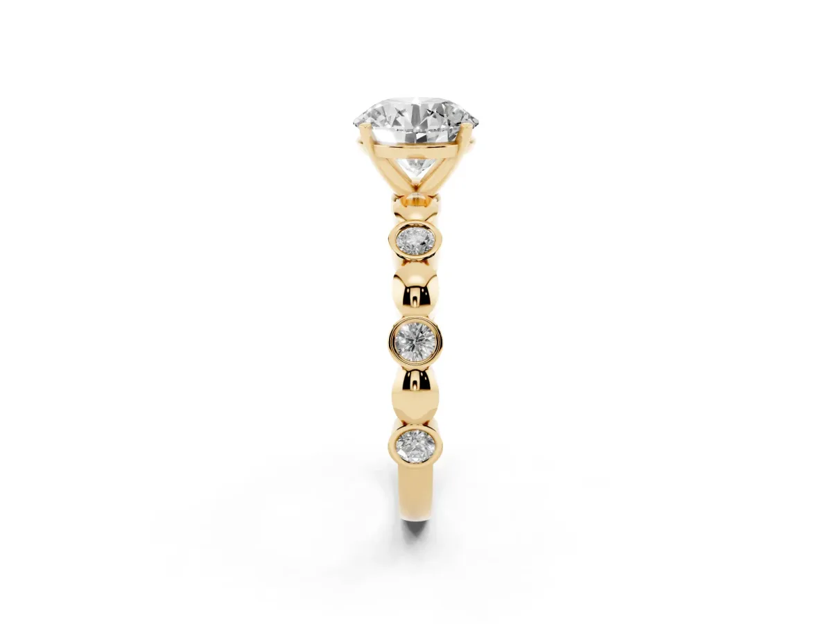 Round Cut Solitaire Bezel-Set Diamond Ring with Beaded Band and Four-Prong Setting Yellow gold