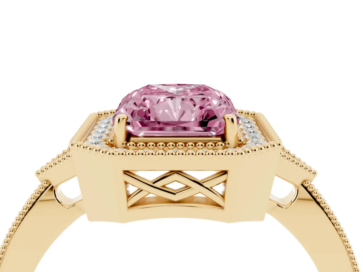 Fancy Pink Radiant Cut Halo Round Diamond Milgrain Pave Engagement Ring Yellow gold