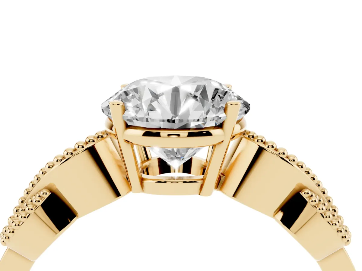 Round Cut Solitaire Milgrain Leaf Band with Prong Setting Yellow gold
