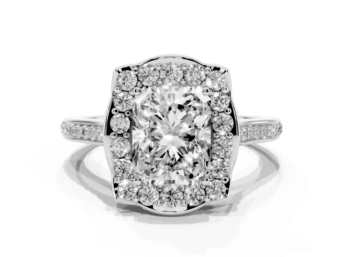 Radiant Cut Halo Round Diamond Pave Band with Four-Prong Setting Platinum