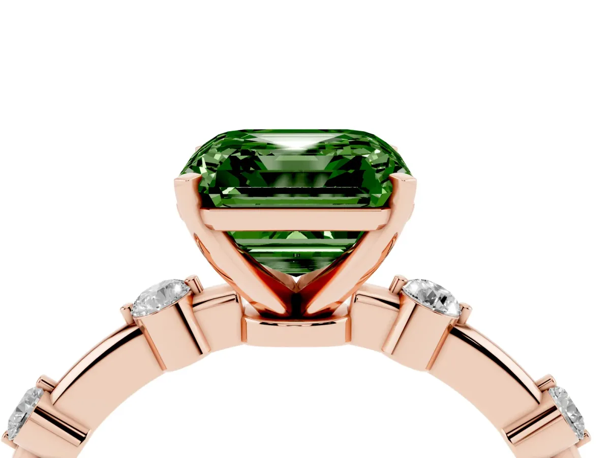 Fancy Green Asscher Cut Solitaire Diamond Ring with Bezel Set Side Stones and Prong Setting Rose gold
