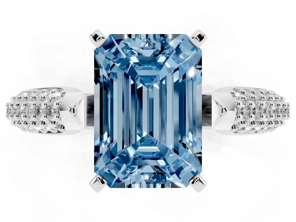 Fancy Blue Emerald Cut Diamond Solitaire Engagement Ring with Multi-Row Round Pavé Band and Prong Setting Silver