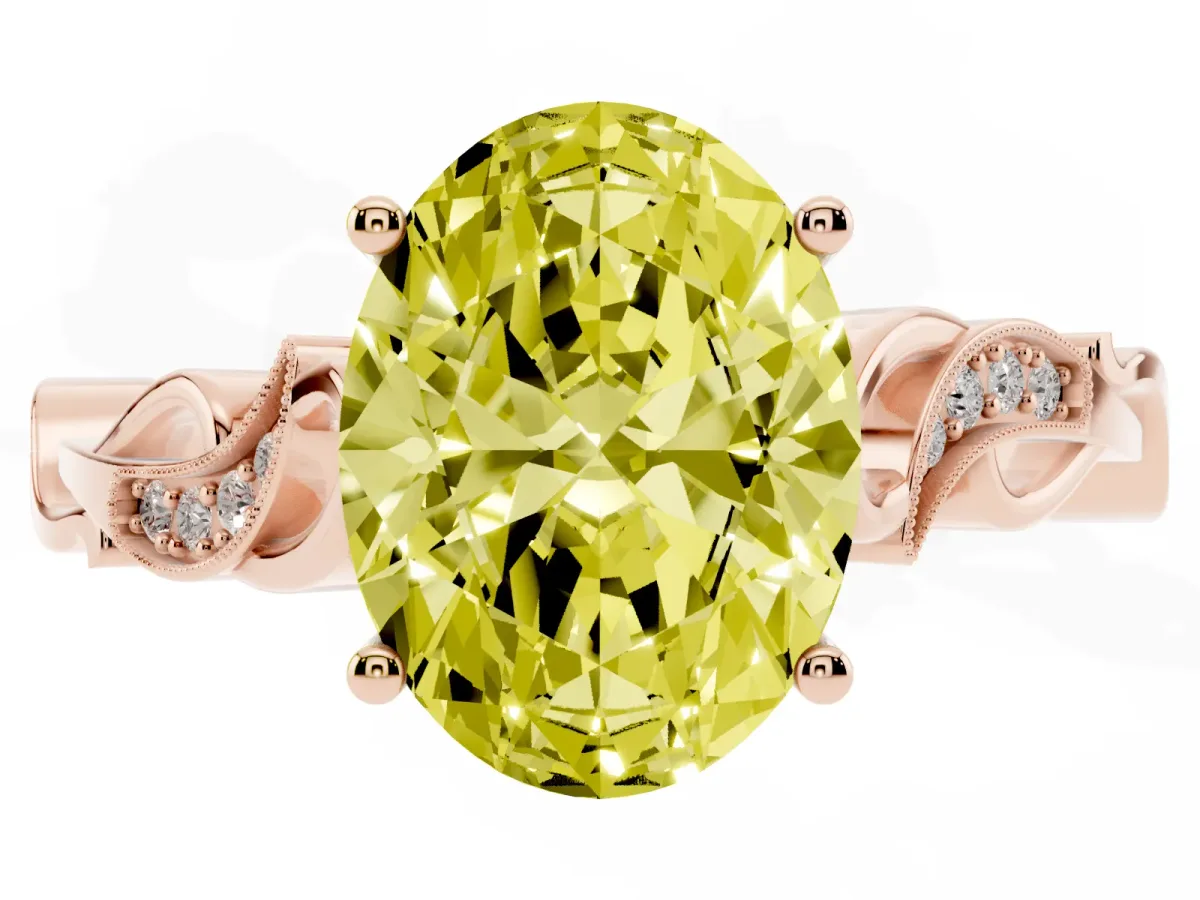Fancy Yellow Oval Cut Solitaire Vine Band with Milgrain Prong Setting Rose gold