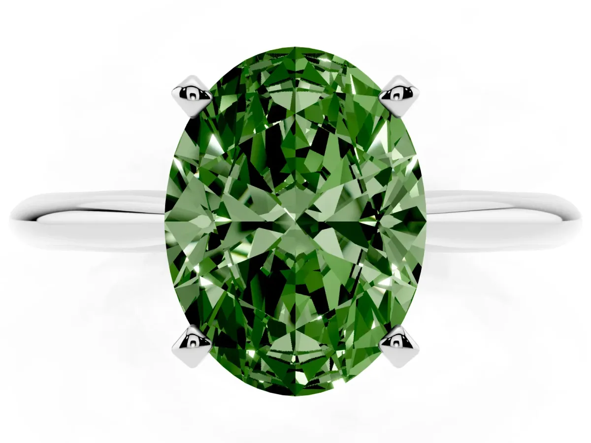 Fancy Green Oval Cut Cut Solitaire Ring with Four-Prong Setting on a Classic Band Silver