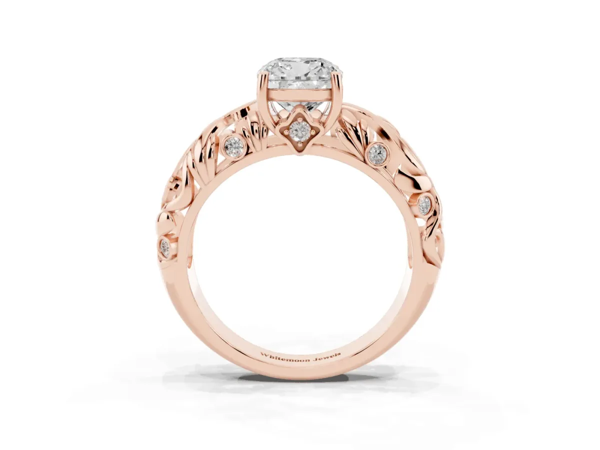 Cushion Cut Solitaire Diamond Leaf-Inspired Vine Band Ring with Prong Setting Rose gold