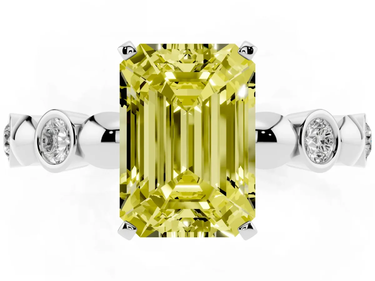 Fancy Yellow Emerald Cut Solitaire Bezel-Set Diamond Ring with Beaded Band and Four-Prong Setting Silver