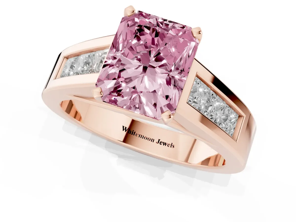 Fancy Pink Radiant Cut Cut Channel Set Solitaire Ring with Four-Prong Setting Rose gold