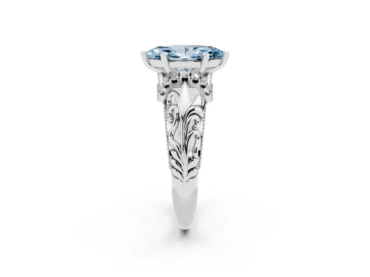 Fancy Blue Marquise Cut Solitaire Filigree Engagement Ring with Halo and Prong Setting Silver