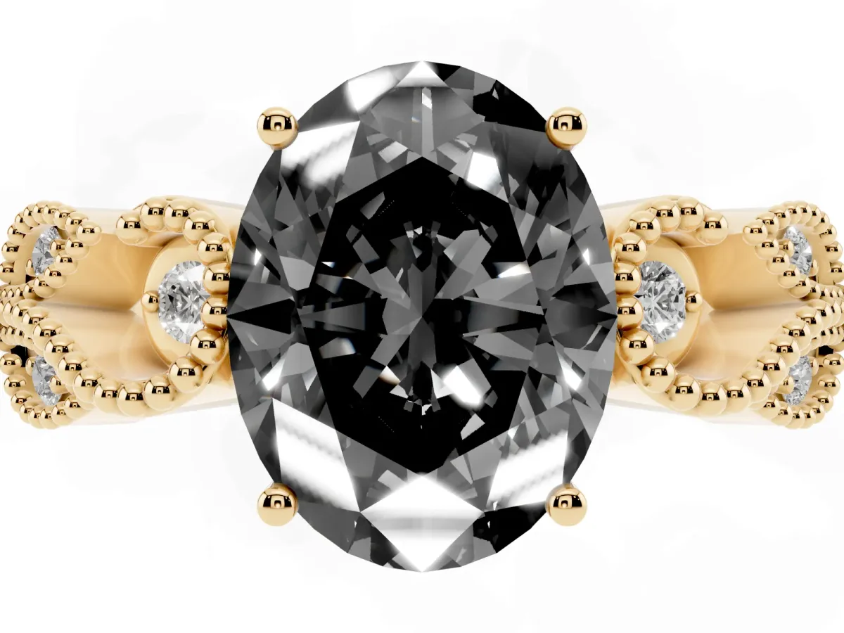 Fancy Black Oval Cut Solitaire Milgrain Leaf Band with Prong Setting Yellow gold