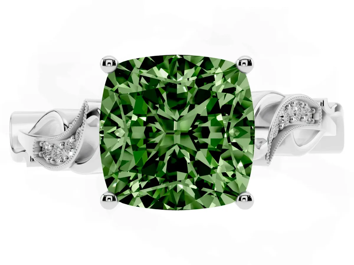 Fancy Green Cushion Cut Solitaire Vine Band with Milgrain Prong Setting Platinum