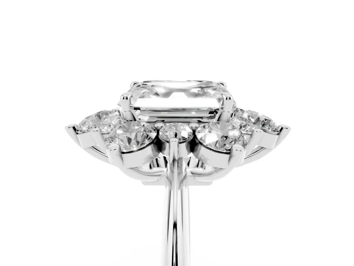 Asscher Cut Diamond Cluster Halo Ring with Solitaire Band and Four-Prong Setting Platinum