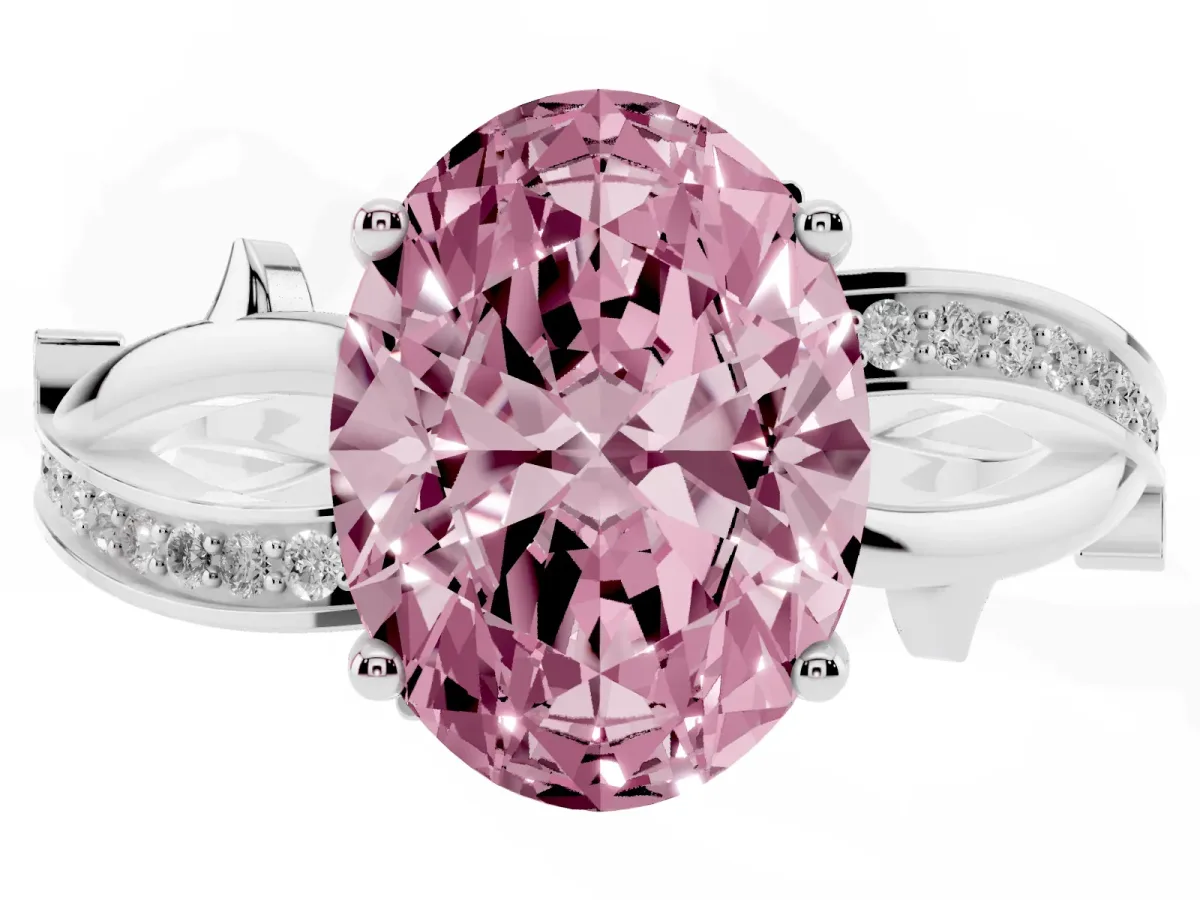 Fancy Pink Oval Cut Solitaire Twist Band with Pavé Accents and Four-Prong Setting Silver