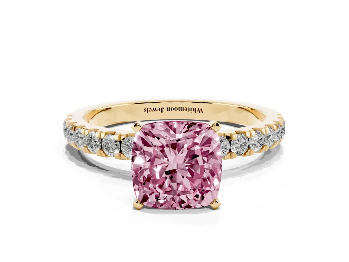 Fancy Pink Cushion Cut Diamond Solitaire Ring with Pavé Accents and Four-Prong Setting Yellow gold