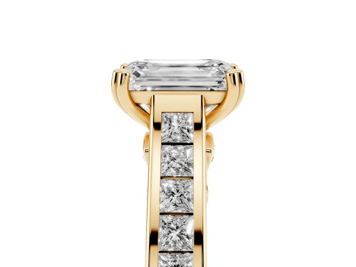 Emerald Cut Cut Channel Set Solitaire Engagement Ring with Prong Setting Yellow gold
