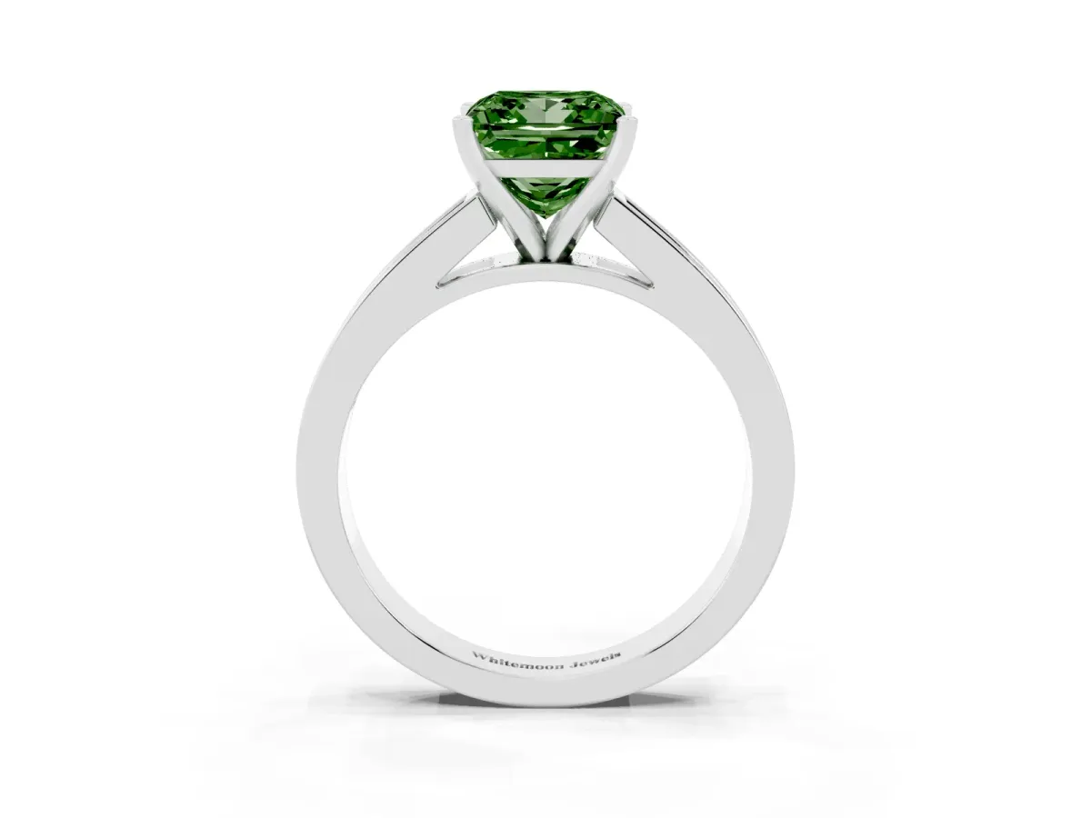 Fancy Green Princess Cut Solitaire Diamond Ring with Channel-Set Band and Four-Prong Setting Platinum