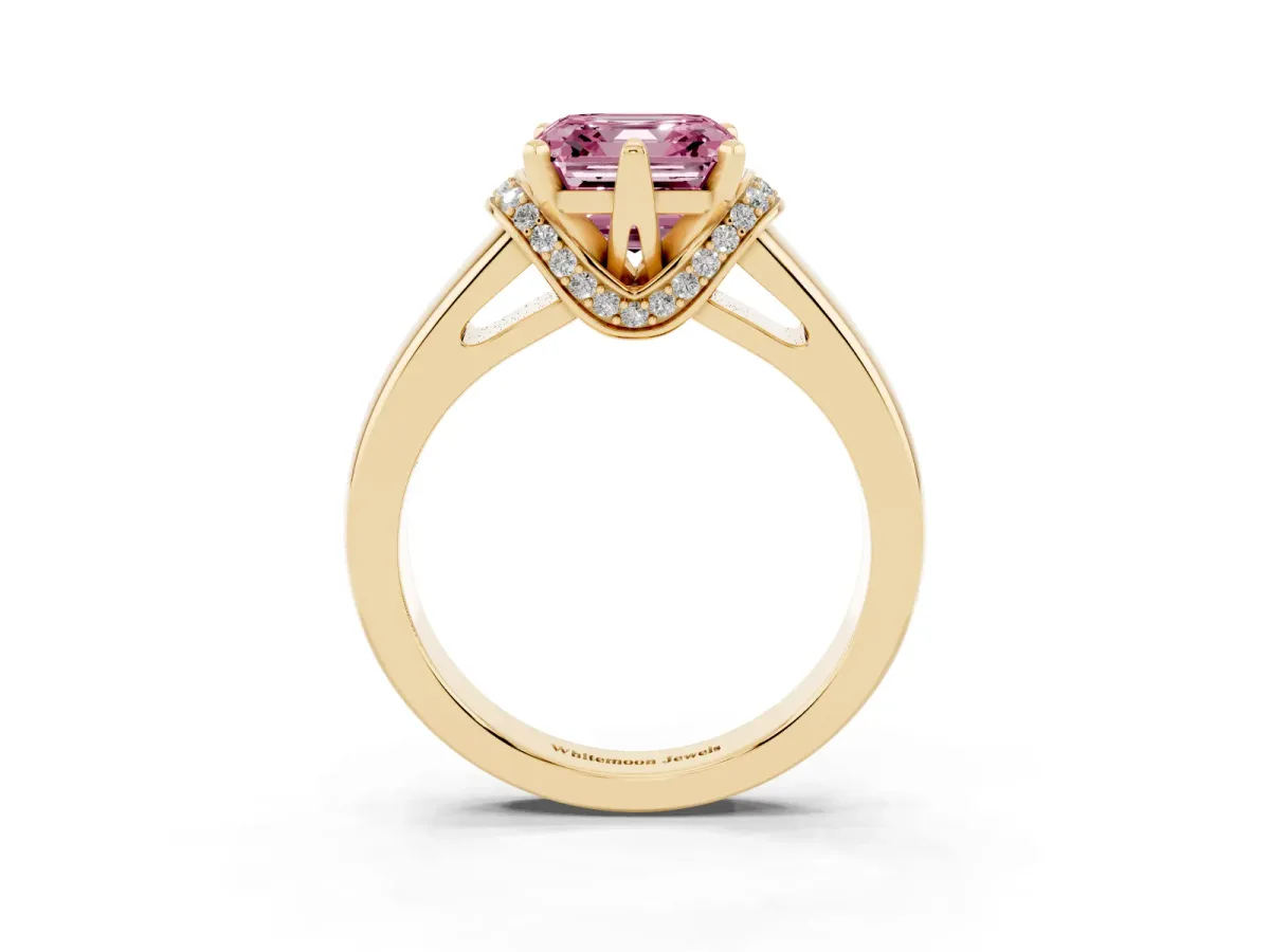 Fancy Pink Asscher Cut Solitaire Diamond Ring with Pave Band and Six-Prong Setting Yellow gold