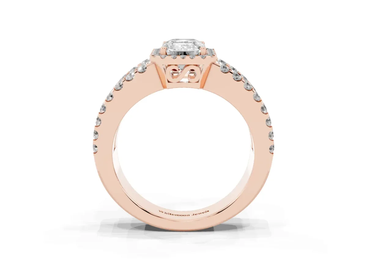 Emerald Cut Cut Halo Split Shank Diamond Ring with Four-Prong Setting Rose gold