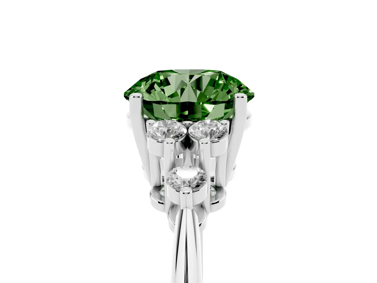Fancy Green Round Cut Cut Diamond Cluster Ring with Solitaire Band and Four-Prong Setting Silver