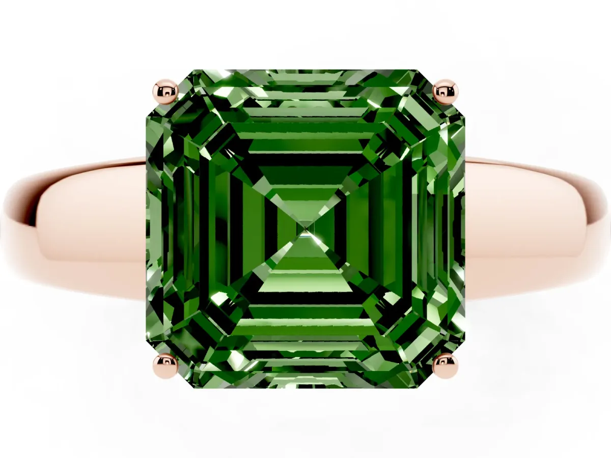 Fancy Green Asscher Cut Solitaire Diamond Ring with Tapered Band and Four-Prong Setting Rose gold