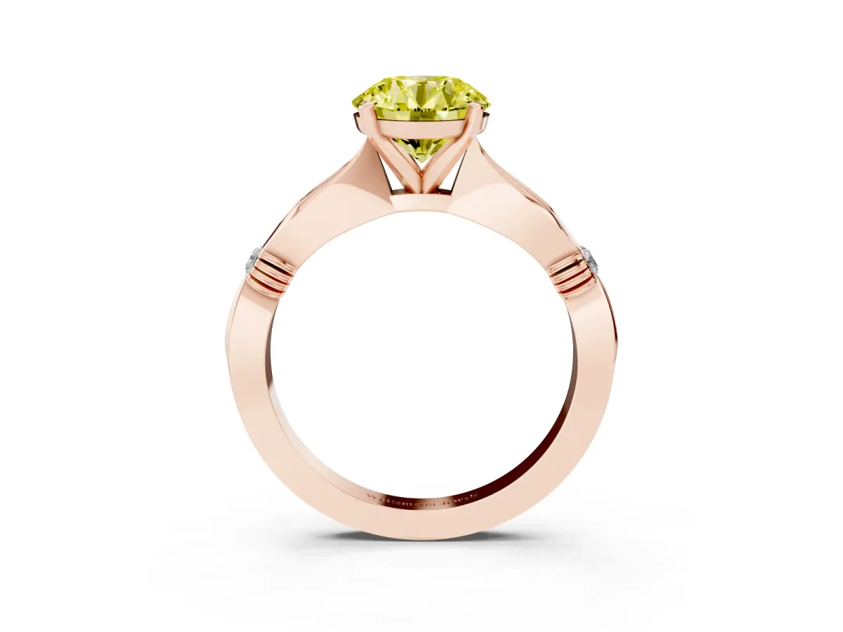 Fancy Yellow Round Cut Solitaire Diamond Twisted Band with Four-Prong Setting Rose gold