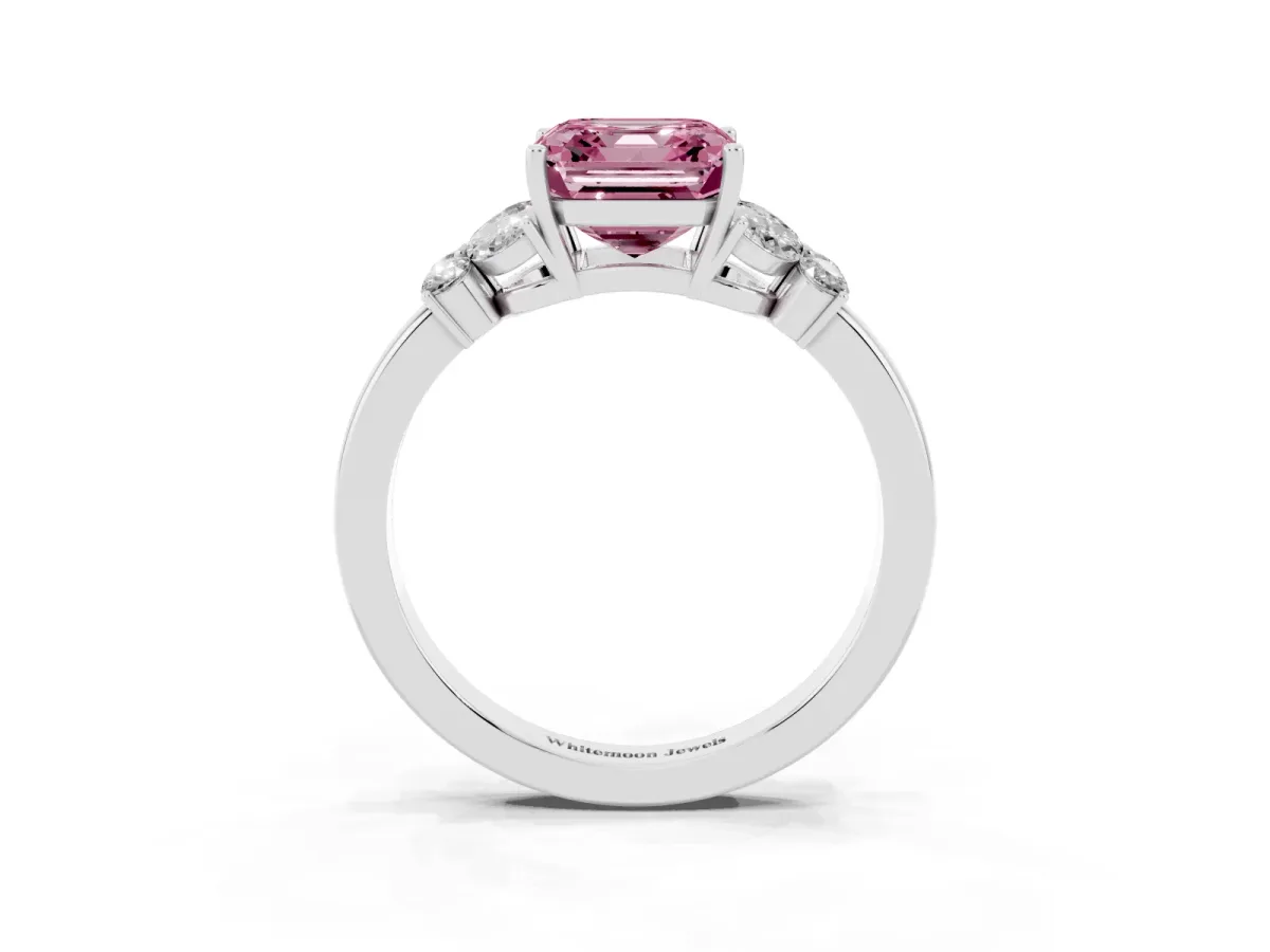 Fancy Pink Asscher Cut Cut Solitaire Floral Diamond Ring with Four-Prong Setting Silver