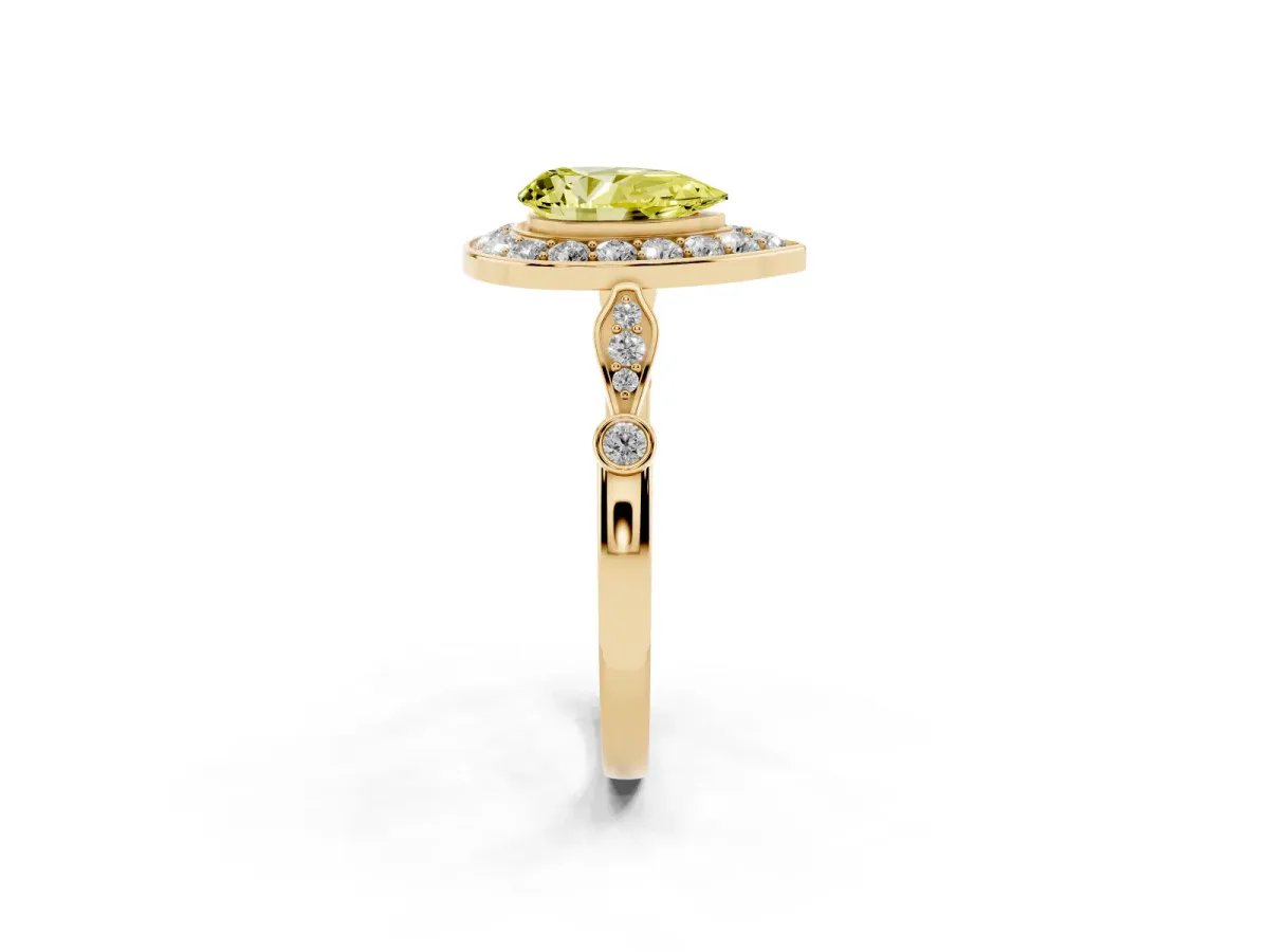 Fancy Yellow Pear Cut Halo Diamond Engagement Ring with Twisted Band and Four-Prong Setting Yellow gold
