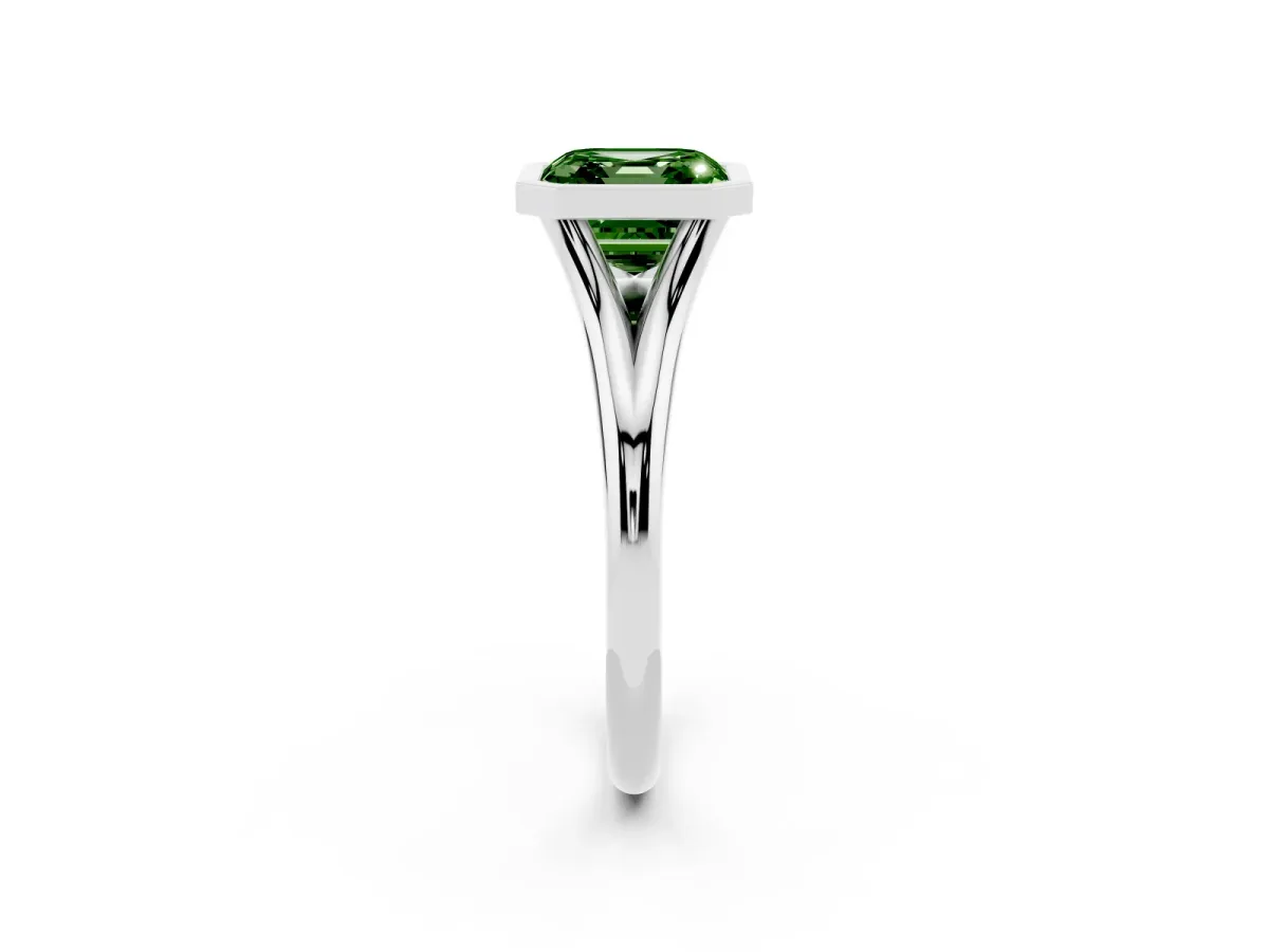 Fancy Green Bezel Set Asscher Cut Cut Solitaire Ring with Tapered Band Silver