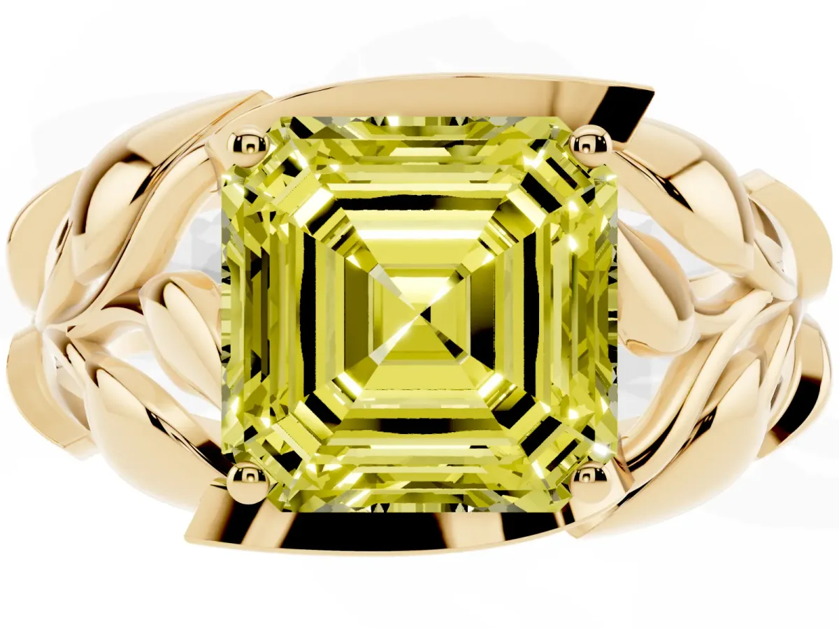 Fancy Yellow Asscher Cut Diamond Leaf-Inspired Engagement Ring with Round Accents and Prong Setting Yellow gold