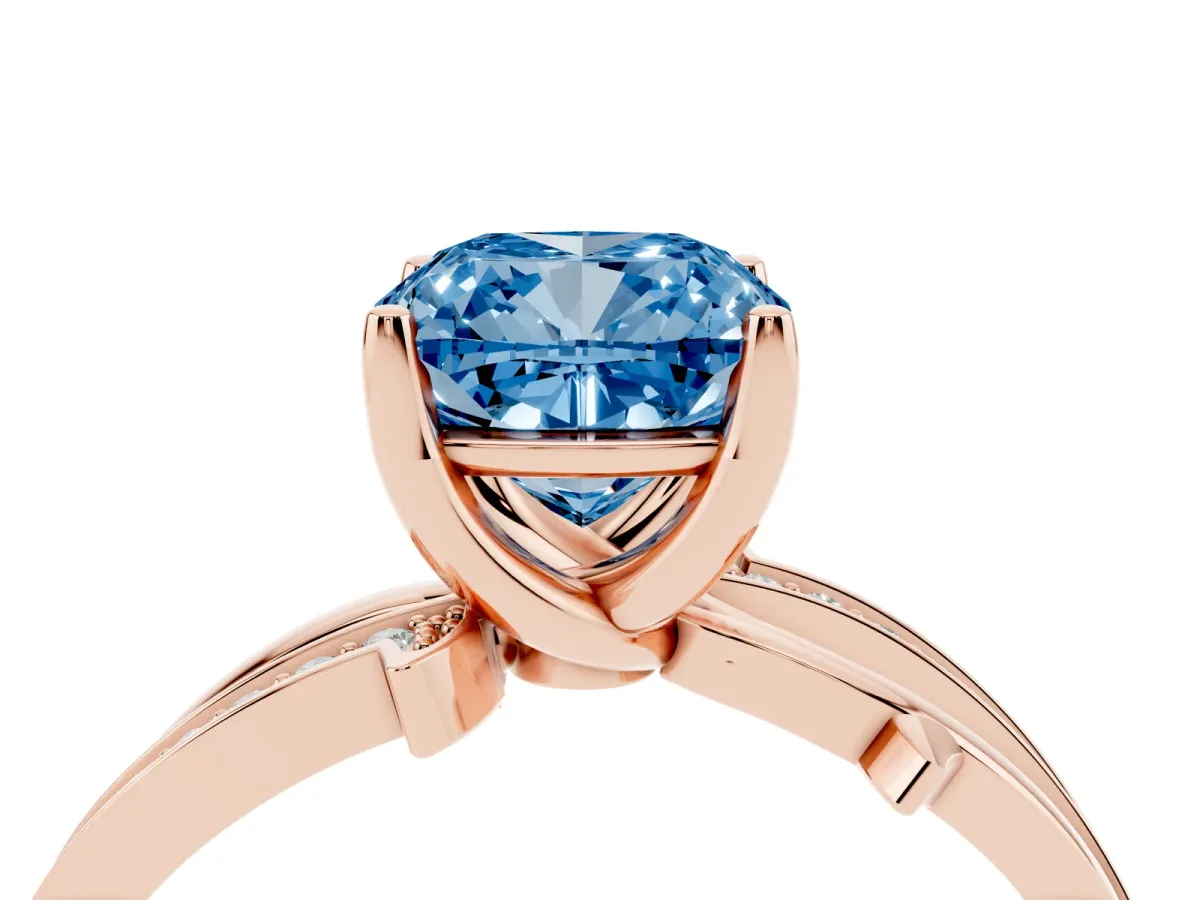 Fancy Blue Cushion Cut Solitaire Twist Band with Pavé Accents and Four-Prong Setting Rose gold