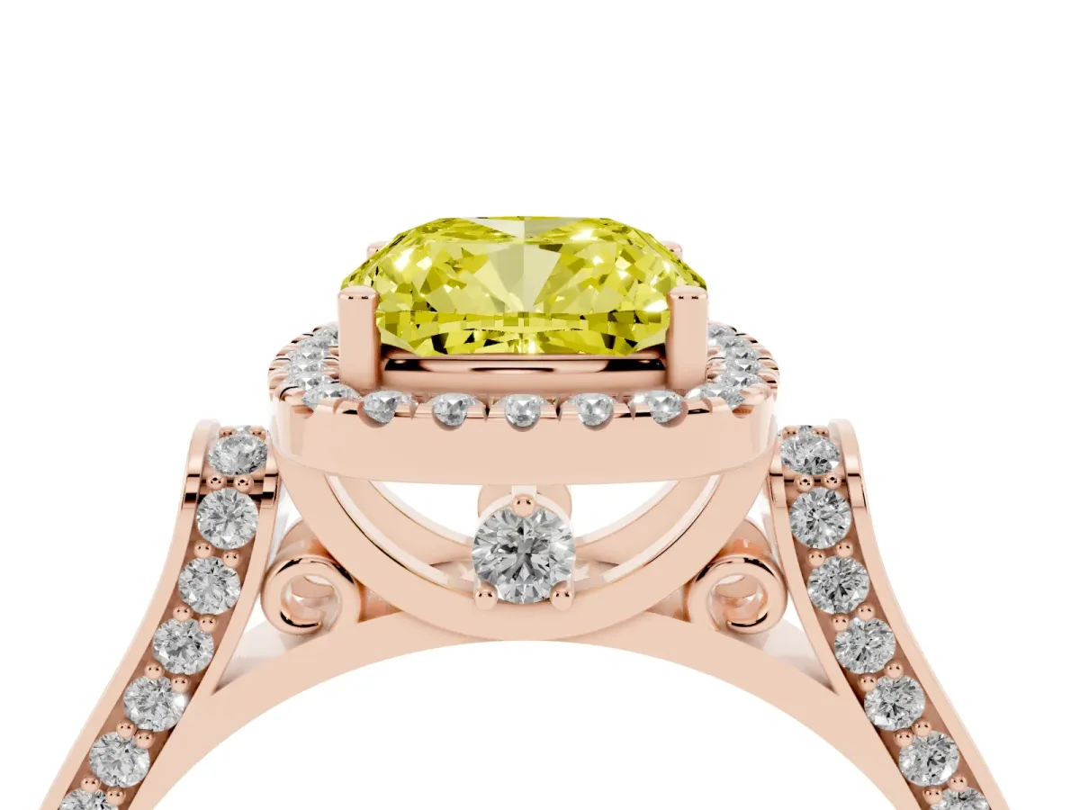 Fancy Yellow Cushion Cut Halo Pave Split Shank Prong Setting Ring Rose gold