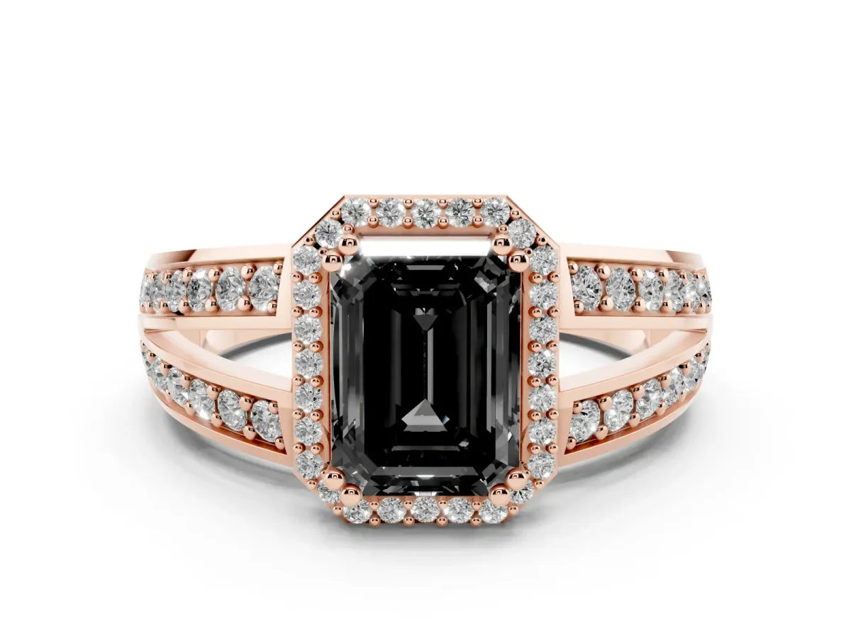 Fancy Black Emerald Cut Diamond Halo Ring with Split Shank Pavé Band and Four-Prong Setting Rose gold